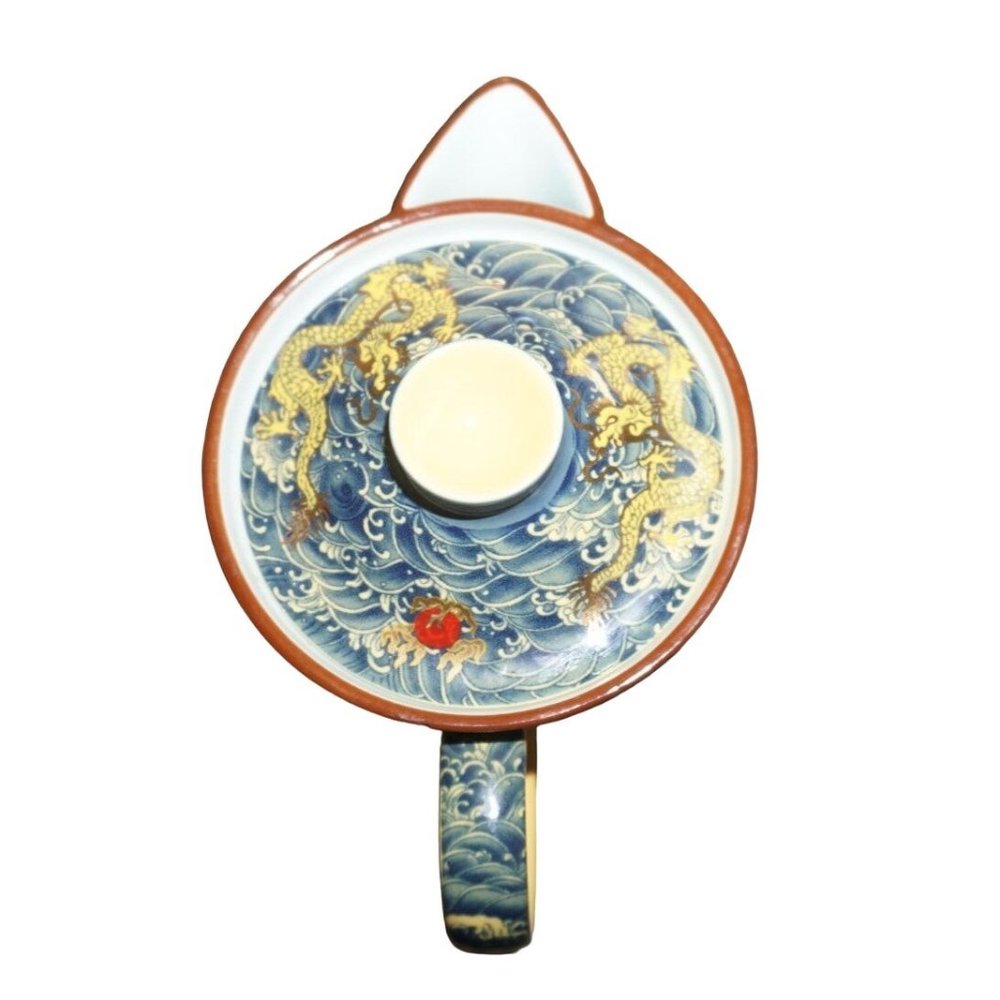 Chinese Golden Dragon Teacup Teapot Blue Red Ball Luck Sea Waves Signed READ - Picture 10 of 16